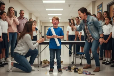 Karen shrieked that my ten-year-old boy was a “special-needs blunder” after he outspelled her cherished son at the spelling bee; she hurled a chair, accused me of buying off the teachers and screamed, “Underprivileged kids shouldn’t even compete!” while recording the entire meltdown for her TikTok followers — my son sobbed for hours, unaware she didn’t realize the principal had handed me her file, bulging with prior incidents.