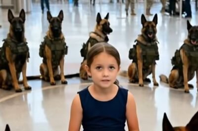 A seven-year-old girl in a navy dress, white socks, clutching a folded American flag at Dulles… while twenty Navy SEAL K9s in full kit closed in around her like a living ring of teeth and Kevlar.