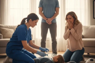 When I came home from a business trip, I found my daughter collapsed by the door. My husband calmly said, “You’re overreacting, I just punished her a little.” Tears blurred my eyes as I called an ambulance. But when the paramedic arrived and looked at my husband, he froze. Then he whispered, “Ma’am… is that your husband? Because actually…”