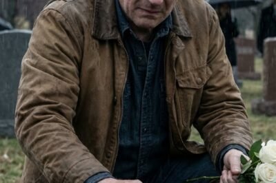 A cinematic, ultra-realistic American cemetery scene on a cold, rainy day. In the foreground, a middle-aged American man kneels beside a gray granite gravestone. He wears a worn brown jacket over a denim shirt, his posture heavy with grief. His face is the emotional focus of the image: tired, sorrowful eyes lowered toward the stone, brows slightly drawn together, lips pressed tight as if holding back tears. Subtle wrinkles and damp skin emphasize exhaustion, loss, and quiet despair.  With one hand, he gently wipes rain from the engraved name on the headstone using a small white cloth. In his other hand, he holds a modest bouquet of white flowers, their stems clenched loosely, suggesting hesitation and lingering pain. The gravestone reads the name of a beloved wife and mother, with dates marking a life cut short.  Rain falls steadily, visible in fine streaks. In the blurred background, distant figures under black umbrellas stand among trees, reinforcing isolation and mourning. Muted natural colors, overcast sky, shallow depth of field. Soft cinematic lighting highlights facial texture, eye emotion, and hand detail. American setting, realistic grief, emotional storytelling through facial expression and body language, high-end film still quality.
