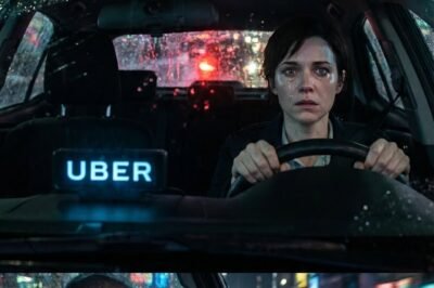 A tense, cinematic nighttime scene inside an American Uber car driving through a rain-soaked U.S. city. Neon lights and skyscraper reflections blur across the wet windshield, heavy rain streaking down the glass. The glowing “UBER” sign is visible on the roof, confirming the modern American rideshare setting.  In the foreground, a white American woman in her early 30s grips the steering wheel tightly. Her knuckles are pale, shoulders rigid. Her face is frozen in shock and fear—eyes wide, pupils dilated, mouth slightly open. Tears stream down her cheeks, mixing with rain reflections, clearly visible in the dashboard light. Her gaze is locked forward, as if bracing for something inevitable.  In the back seat, an elderly white American man sits hunched, holding a smartphone that casts a cold blue light across his face. Tears run silently down his wrinkled cheeks. His eyes are heavy with grief and regret, fixed on the phone screen, hands trembling. His expression is devastated yet restrained, conveying deep emotional pain.  The car interior is dim, illuminated by streetlights and passing traffic. Outside, streaks of red and white headlights rush past, emphasizing urgency and danger. Shallow depth of field, dramatic lighting, hyper-realistic skin texture, visible eye reflections, cinematic composition, emotional intensity, high-budget American thriller film still.