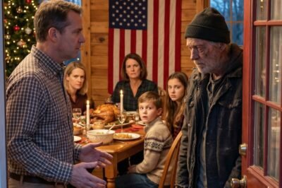 On Thanksgiving, the Doorbell Rang. The Man Outside Asked for Food. My Mom Said, “Give Him Cash and Close the Door.” My Dad Said, “Set Another Plate.” I Was Mortified—Until the Stranger Spoke at Dinner and My Father Turned Pale.