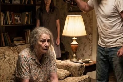 My son raised a belt to force me to sign everything over. My daughter-in-law laughed, “Now it’ll all be ours.” Then the doorbell rang—and when she opened the door, she froze… before screaming in pure panic.