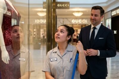 SEVEN YEARS AFTER THE DIVORCE, HE FOUND HIS EX-WIFE MOPPING FLOORS—STARING QUIETLY AT A MILLION-DOLLAR DRESS. HE LAUGHED AND SAID, “YOU’LL NEVER HAVE THE CLASS TO TOUCH THAT.” FIVE MINUTES LATER, THE ENTIRE MALL STOPPED BREATHING.